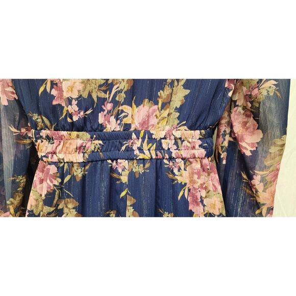 Sofia Jean Cutout Midi Floral Bouquet Balloon Sleeve V-Neck Blue Dress Size L - Picture 10 of 14